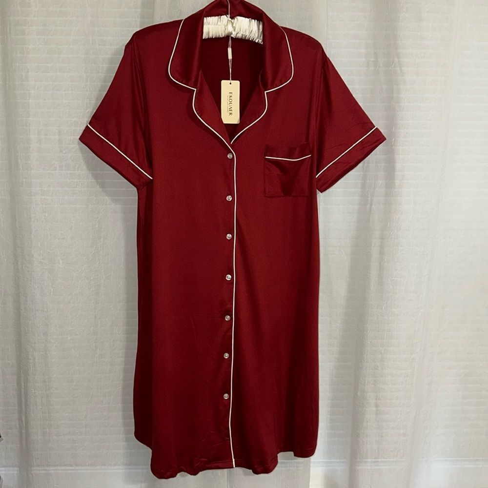 EKOUAER L Burgundy White Notch Collar Button Front Pajama Sleep Short Sl Shirt